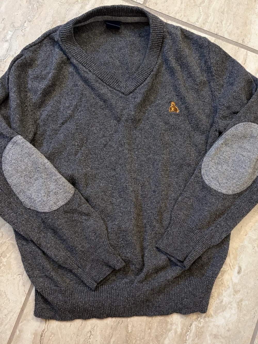 GAP Charcoal V-Neck Sweater with Light Gray Elbow Patches